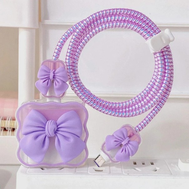 Coque de protection en silicone pour chargeur Apple 18W/20W avec nœud, ensemble décoratif avec protection contre la poussière et les dommages violet