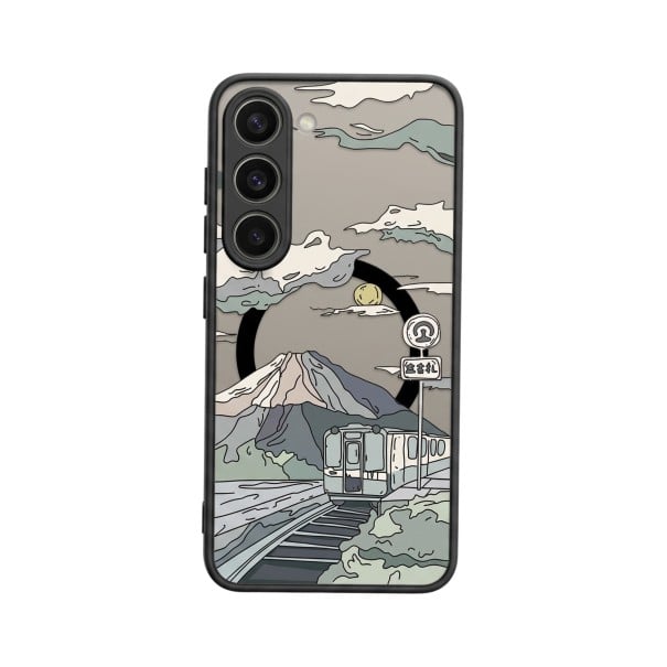 Coque de protection magnétique pour Samsung Galaxy A55 Résistante Illustration de train et montagnes enneigées Charge sans fil Cadre noir Boutons 1