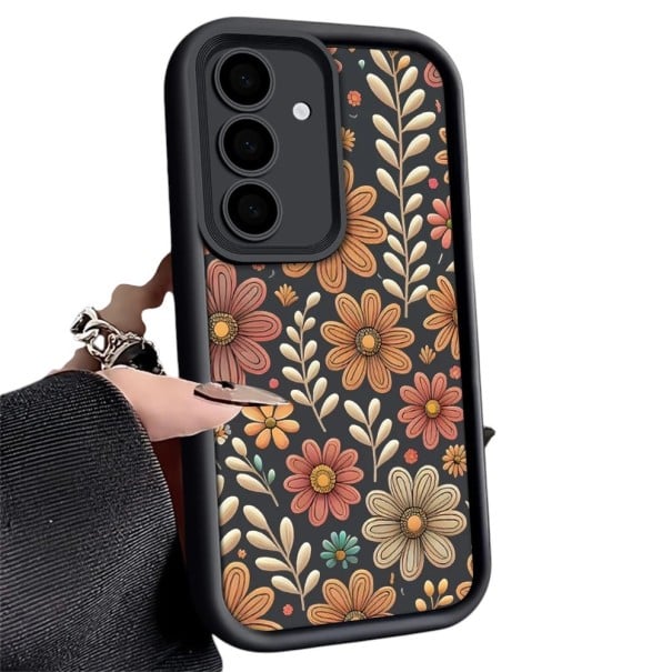 Coque en silicone flexible pour Samsung Galaxy A15 avec motif de fleurs colorées Cadre surélevé autour de la caméra Bords surélevés Découpes pour le haut-parleur noir