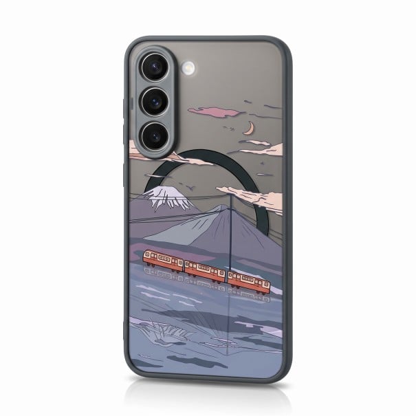 Coque magnétique pour Samsung Galaxy A35 Résistante Dessin animé train orange et montagnes au-dessus de l'eau Charge sans fil Cadre noir et boutons 1