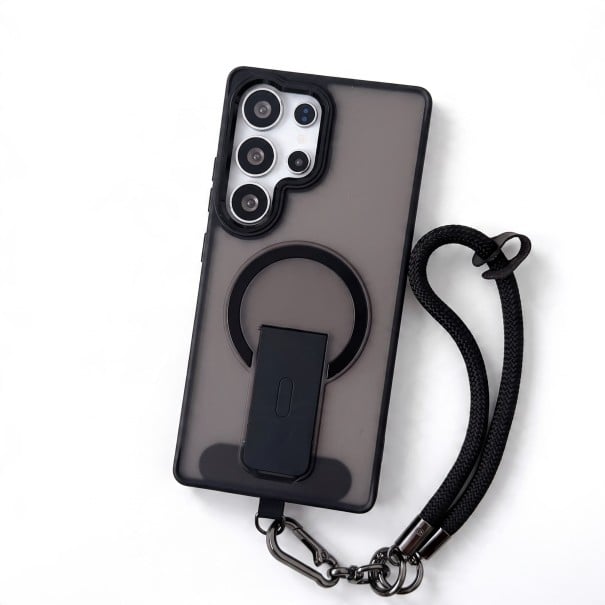 Coque pour Samsung Galaxy S24+ Support de chargement magnétique Support pliable Sangle de poignet Étui de protection pour mobile noir transparent
