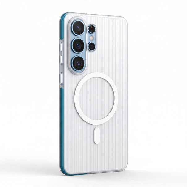 Coque pour Samsung Galaxy S25 Ultra 3D Rayures Support de chargement magnétique Coque mate Protection de l'appareil photo et des boutons bleu