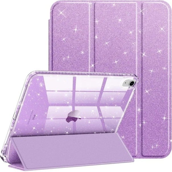 Coque scintillante pour tablette iPad 10,2 pouces 7e, 8e et 9e génération avec support pour stylo dos transparent et support pliable violet