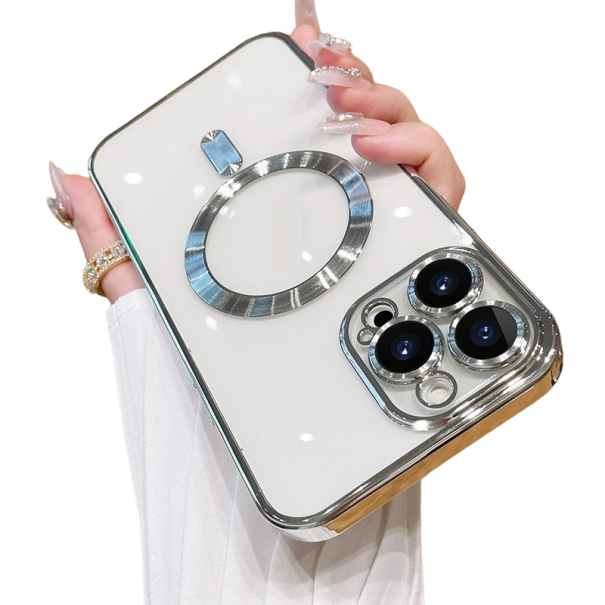 Coque transparente avec support MagSafe et protection de la caméra pour iPhone 15 argenté