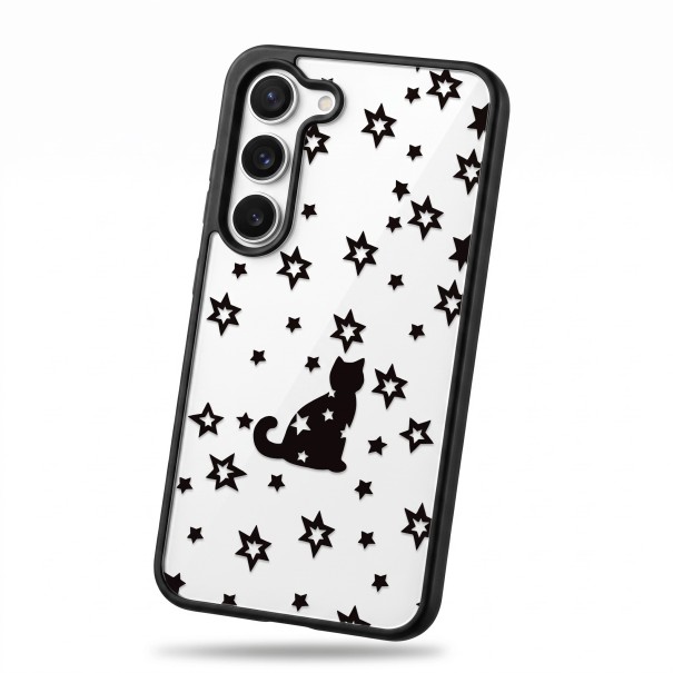 Coque transparente pour Samsung Galaxy A55 5G Résistante Motif chat noir et étoiles Bords noirs Protection de l'appareil photo Étui de téléphone 1