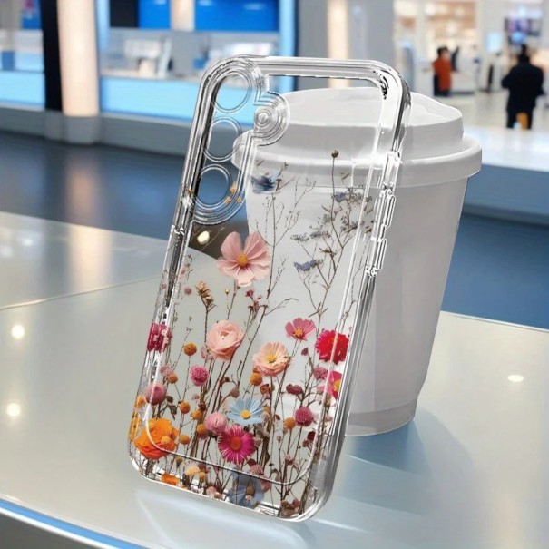 Coque transparente pour Samsung Galaxy S24 avec motif floral Étui en silicone Coque transparente Protection de l'appareil photo Coque arrière 3