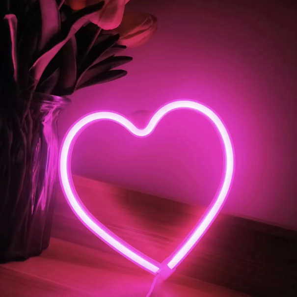 Coração LED rosa 20 x 21 cm Decoração luminosa para parede USB ou 3x AA pilhas Lâmpada de noite Letreiro neon Decoração romântica luminosa 1