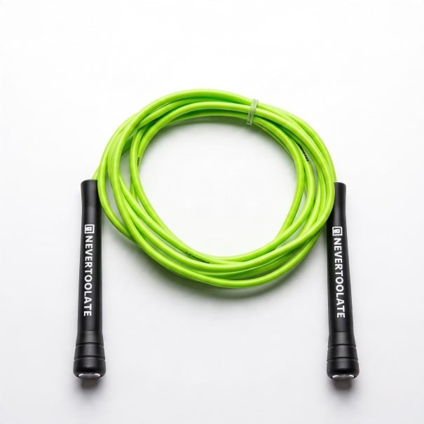 Corda per saltare NEVERTOOLATE con corda in PVC da 6 mm e anima in poliestere 3,2 m Maniglie da 15,5 cm Lunghezza regolabile verde-nero