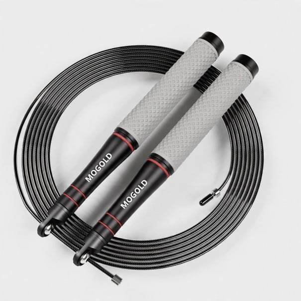 Corde à sauter MOGOLD avec câble en acier 3 m Roulements doubles Poignées en silicone antidérapantes Pour le crossfit et le cardio gris