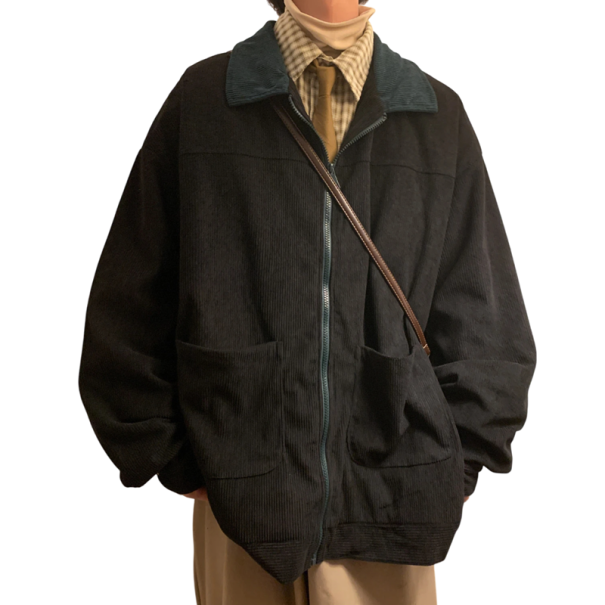 Cordjacke mit Reißverschluss und Kragen Oversize Retrojacke mit Taschen Elegante Herbstjacke für die Freizeit Vintage Style für die Stadt und das Büro schwarz XXS