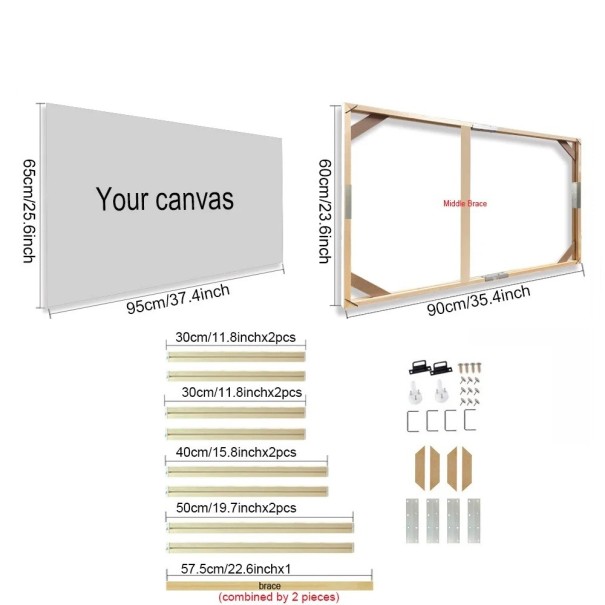 Cornice fotografica in legno naturale 60 x 90 cm Cornice per tela 65 x 95 cm Con rinforzo centrale 57,5 cm cornice appesa per fotografie opere d'arte fai da te 1