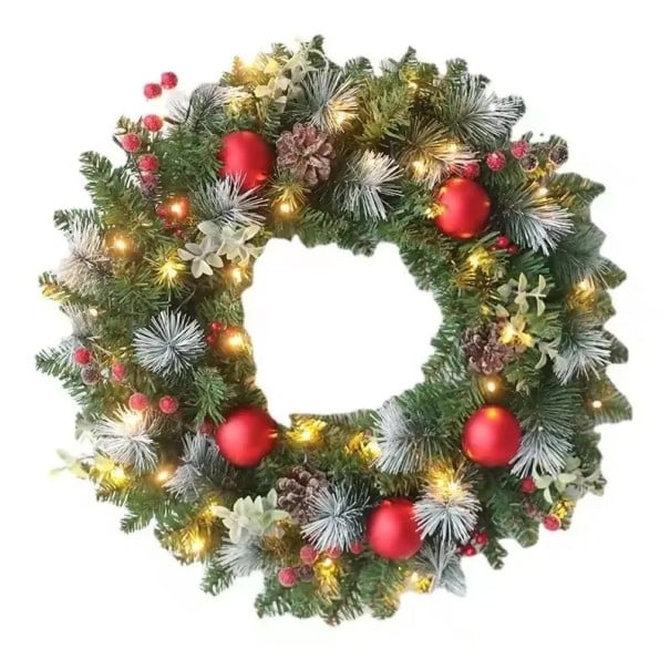 Coroană de Crăciun 50 cm cu lumini LED Ace de brad dense Decorațiune de Crăciun strălucitoare pentru uși și pereți Ornament elegant de iarnă 1
