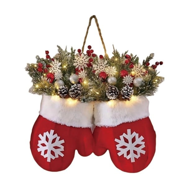 Coroană pentru ușă 30 x 30 cm Decorațiune de Crăciun cu luminițe Mânuși din pluș pentru suspendare Coroană de iarnă luminoasă cu iluminare delicată 1