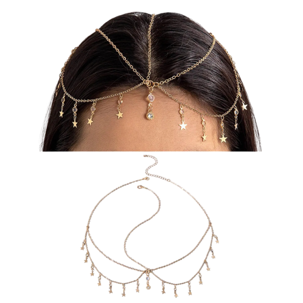 Corona d'oro con catena per capelli con stelle decorative e diamanti Gioiello per capelli decorativo cerchietto ornamento festivo 1