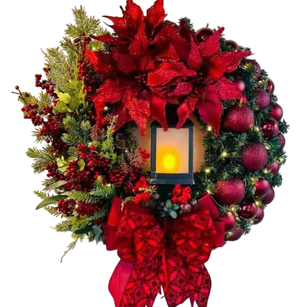 Corona de Navidad roja de 45 cm con lámpara decorativa Decoración navideña iluminada Adorno colgante elegante para puertas para crear una atmósfera 1