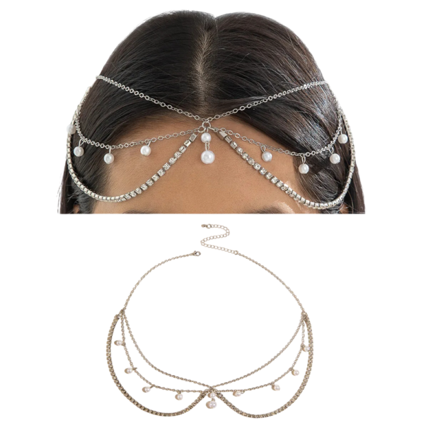 Corona de plata cadena para la cabeza con perlas Adorno capilar decorativo diadema adorno festivo del peinado 1