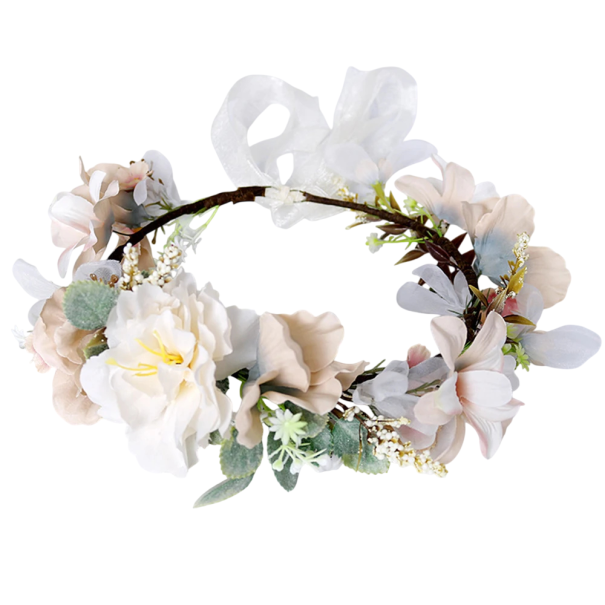 Coronă florală pentru păr Mărime universală Flori crem-bej Compoziție elegantă și romantică cu panglică transparentă 1