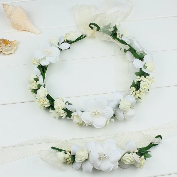 Corona floreale per capelli Rose e fiori pieni Composizione naturale elegante con nastro da annodare Accessorio per capelli romantico bianco