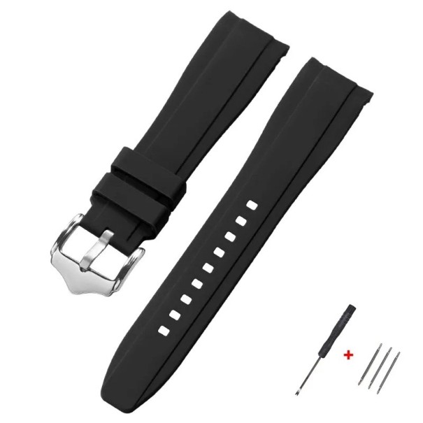 Correa de reloj de 22 mm Correa de silicona de goma con extremo redondeado para Swatch Omega Moonswatch Omega Speedmaster Seiko correa resistente al agua con hebilla plateada negro