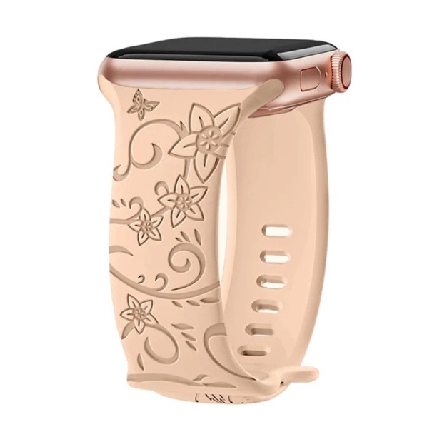 Correa grabada con flores de 42 mm para Apple Watch Series 10 Correa de silicona con mariposas y flores Diseño francés elegante Milk apricot