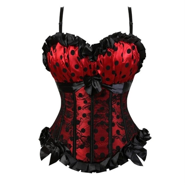 Corset Femme Uni Décolleté Rond Bretelles Dentelle Nœuds Pois Polyester Spandex Lingerie Élégante rouge M