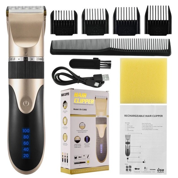 Cortadora de pelo eléctrica inalámbrica para hombres con cabezales reemplazables Cortadora de pelo con cuchilla de cerámica Cuchilla ajustable para diferentes longitudes de corte Cortadora de pelo con accesorios reemplazables e indicador LED de batería dorado