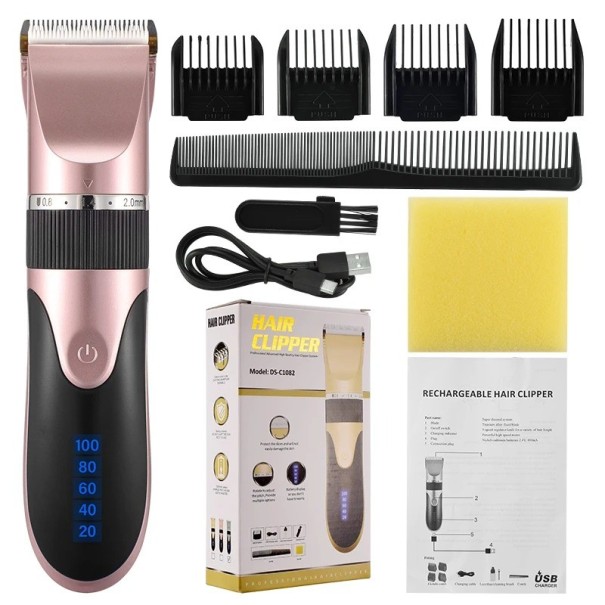 Cortadora de pelo eléctrica inalámbrica para hombres con cabezales reemplazables Cortadora de pelo con cuchilla de cerámica Cuchilla ajustable para diferentes longitudes de corte Cortadora de pelo con accesorios reemplazables e indicador LED de batería rosa