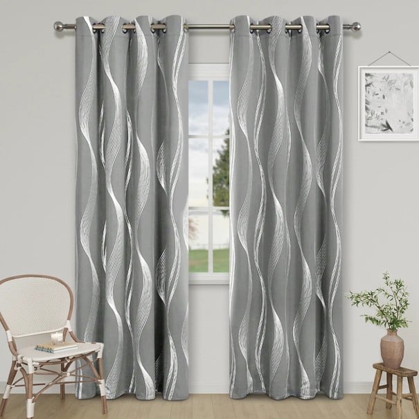 Cortina con diseño de ondas y ojales metálicos, 132 x 160 cm, cortina de poliéster para sala de estar, dormitorio y habitación infantil gris