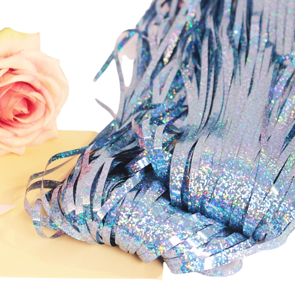 Cortina de fiesta con flecos, brillante, 1 x 1 m azul claro
