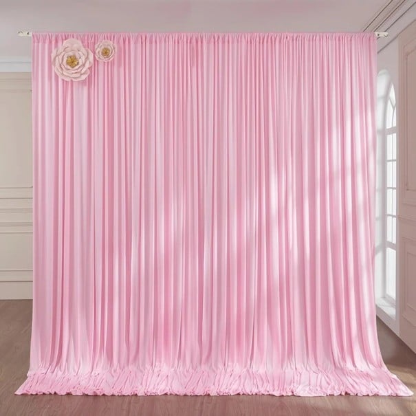 Cortină extra lungă îngustă ca fundal foto pentru tijă, 75 x 600 cm, poliester fluid pentru arc de nuntă, decorare sală și fotografiere roz