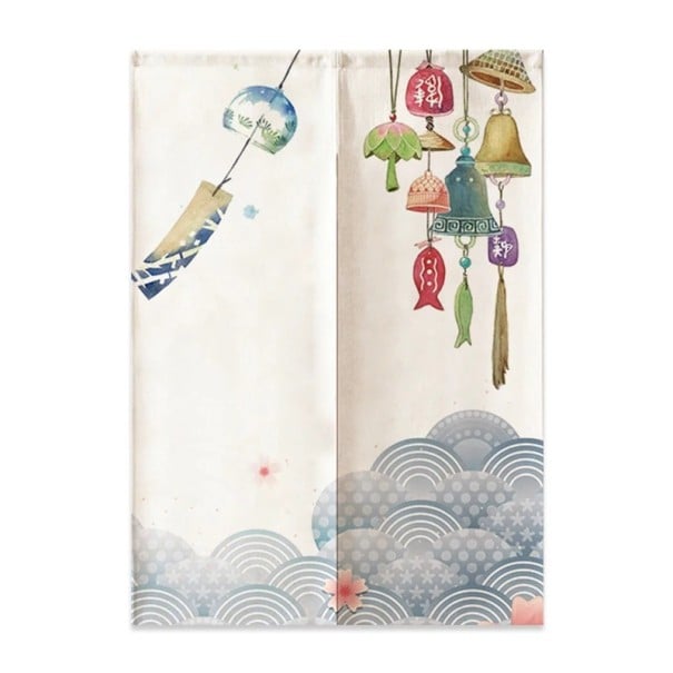 Cortina japonesa para porta com motivo de sinos de vento e ondas 85×150 cm cortina leve de poliéster para separação de espaços 1