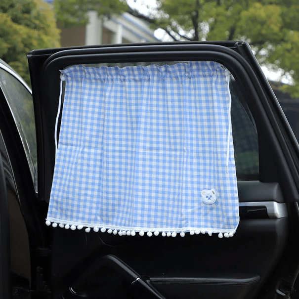 Cortina para ventana lateral con ventosas Diseño a cuadros con oso bordado Decoración para habitación infantil Protección contra el sol azul