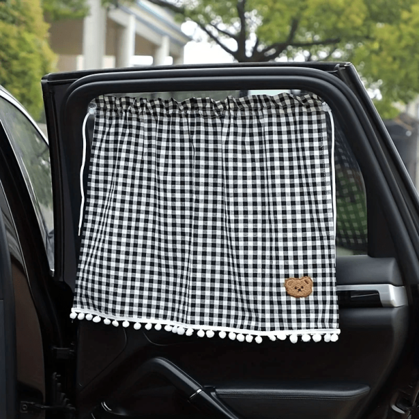 Cortină pentru fereastra laterală cu ventuze Design în carouri cu ursuleț brodat Decorare pentru camera copiilor Protecție împotriva soarelui negru