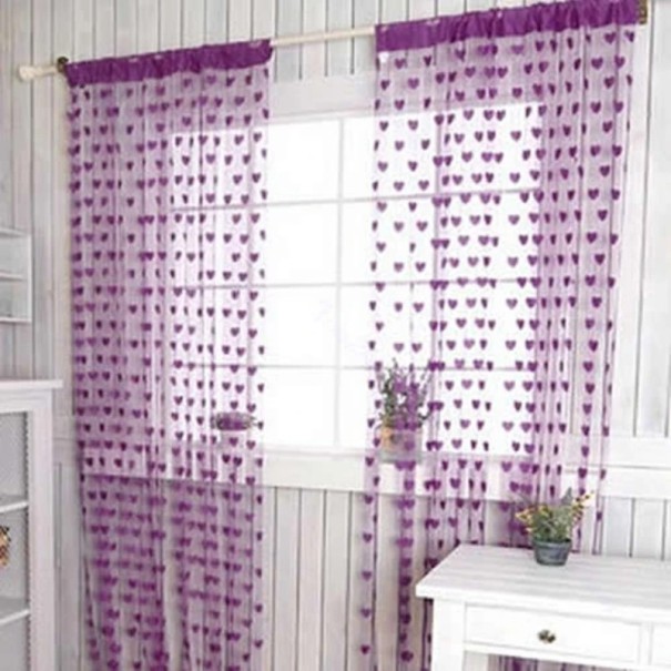 Cortina transparentă cu inimă Perdele cu franjuri inimă Perdele cu ciucuri transparentă Perdele pentru fete colorate Cortina elegantă din voal 200x100cm violet