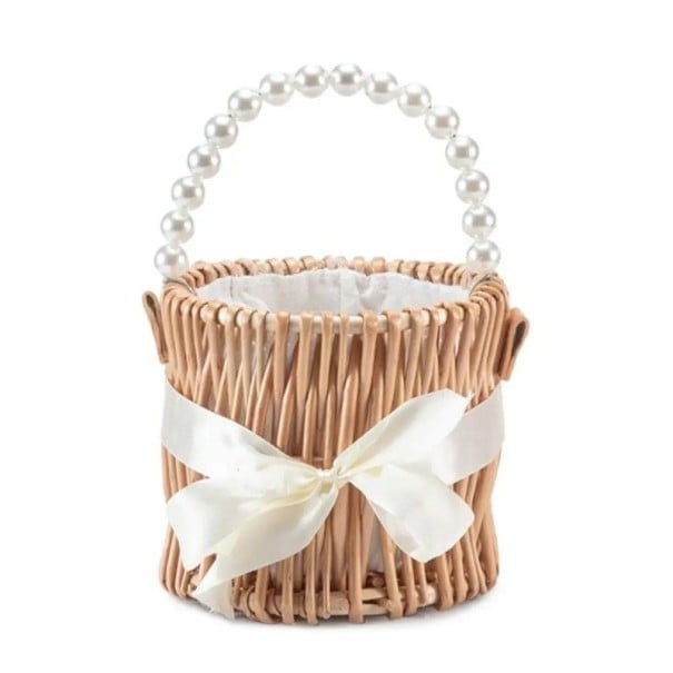 Coș împletit cu mâner din perle și fundiță 15 × 13 cm ratan din salcie coș decorativ natural pentru flori și mărunțișuri