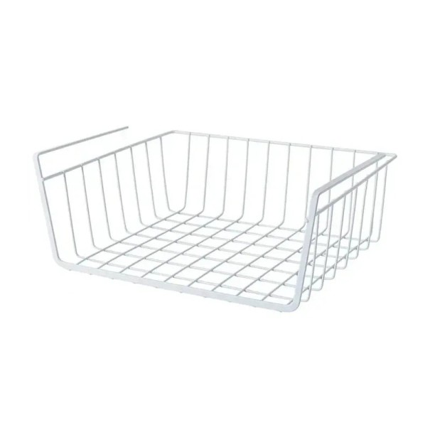 Coș suspendat din sârmă sub raft 30 x 23 x 14 cm Organizator metalic pentru dulap, bucătărie și birou Suport de depozitare pentru mărunțișuri alb