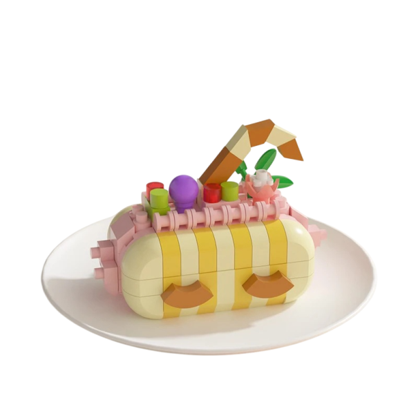 Costruzione torta con strisce rosa e gialle e caramelle 5,5 x 3,5 x 4,5 cm Dessert decorativo dettagliato in pezzi da costruzione Decorazione 1