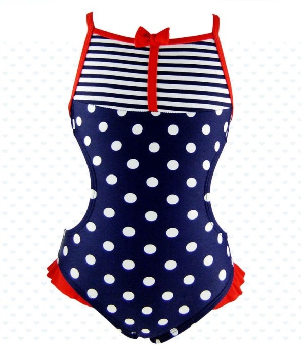 Costum de baie pentru fată cu buline - Albastru închis 4