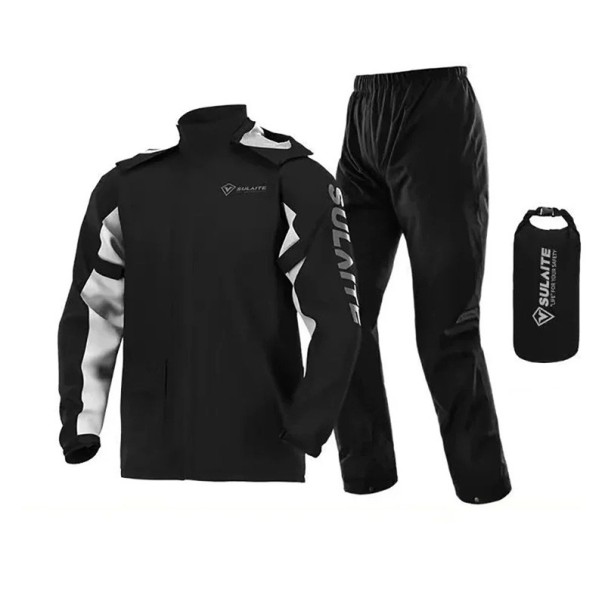 Costum de ploaie unisex pentru motocicliști, jachetă și pantaloni, ultraușor, din poliester TPU cu 3 straturi, cu glugă, manșete și elemente reflectorizante negru S