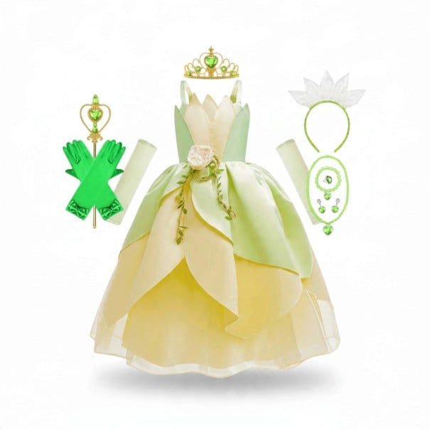 Costum de prințesă pentru fete cu set de accesorii Rochie cu petale și trandafir Coroană și baghetă Mânuși și bijuterii Bumbac și poliester Verde 3