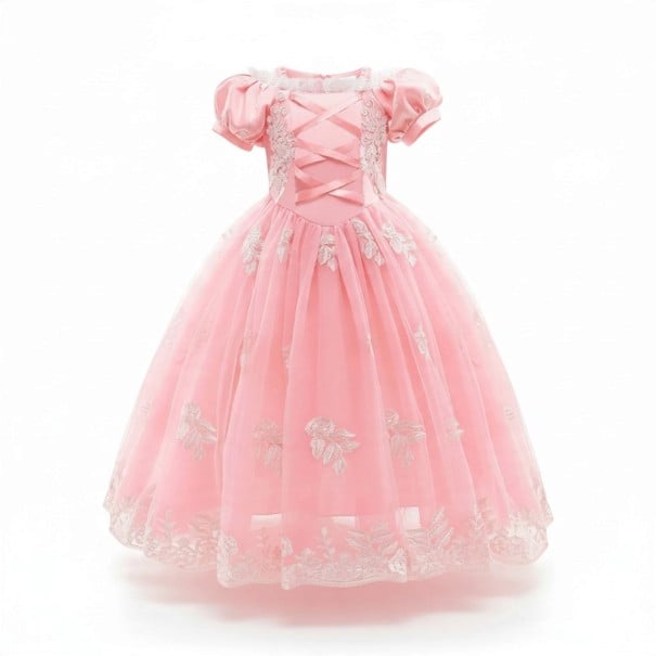 Costum de prințesă pentru fete Rochie lungă cu mâneci balon și șnur dantelă și broderie bumbac poliester și plasă roz 3