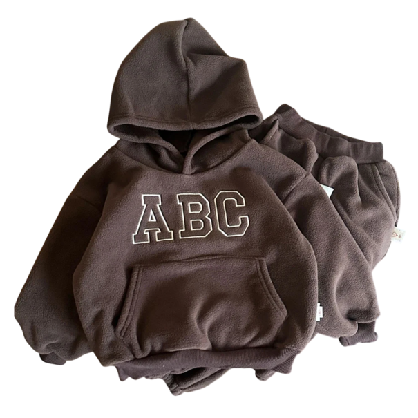 Costum de trening pentru copii cu hanorac cu glugă și broderie ABC și pantaloni pentru băieți și fete maro 1