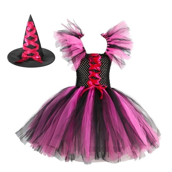 Costum de vrăjitoare fete cu pălărie Costum de Halloween Costum de vrăjitoare pentru fete Costum de carnaval roz 4