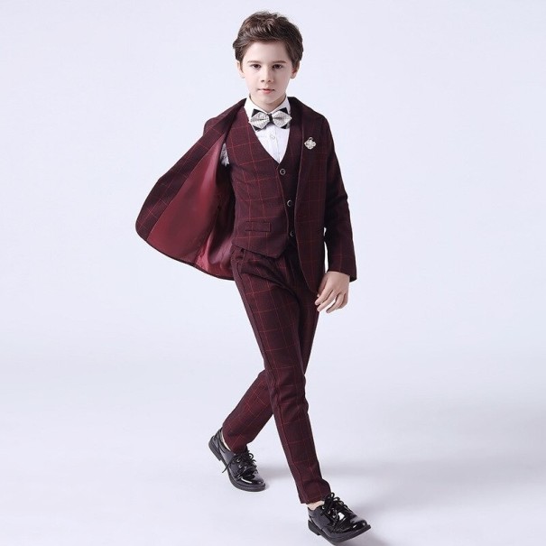 Costum pentru bărbați în carouri cu vestă B1310 burgundy 12 B