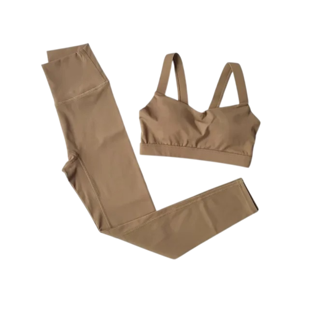 Costum sportiv pentru femei cu colanți și sutien sportiv, uni, nylon, confortabil și stilat pentru fitness și exerciții maro L