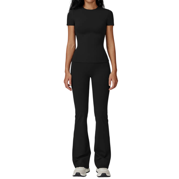 Costum sportiv pentru femei cu pantaloni și tricou cu mânecă scurtă, uni, nylon, poliester, confortabil și stilat pentru fitness negru M