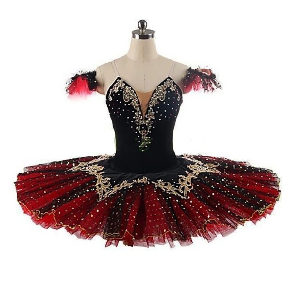 Costume da balletto donna con ricamo in pizzo e strass, elastan, nero-rosso, ideale per balletto classico e spettacoli di danza 6