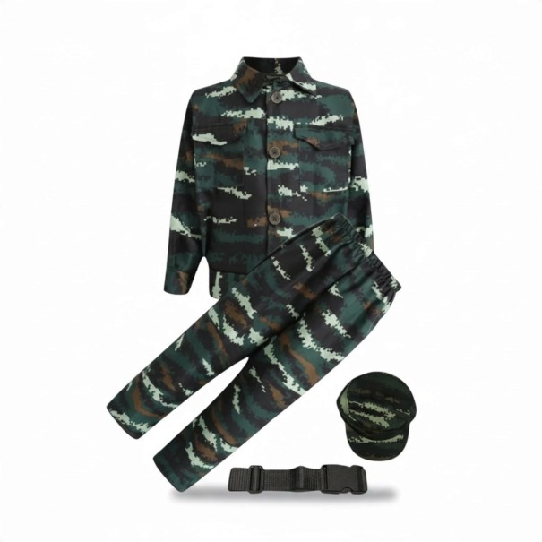 Costume da Bambino Soldato Uniforme Mimetica Camicia con Colletto Pantaloni con Elastico e Cintura con Fibbia Poliestere verde militare 3