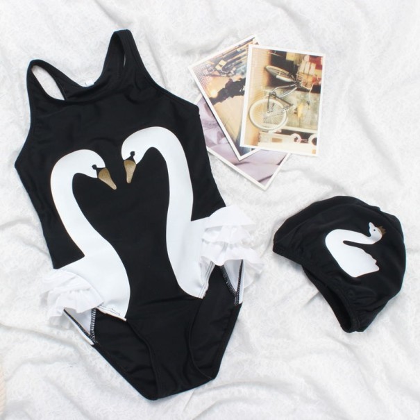 Costume de baie fete + Șepci de baie cu imprimeu păsări de apă J2491 negru 9