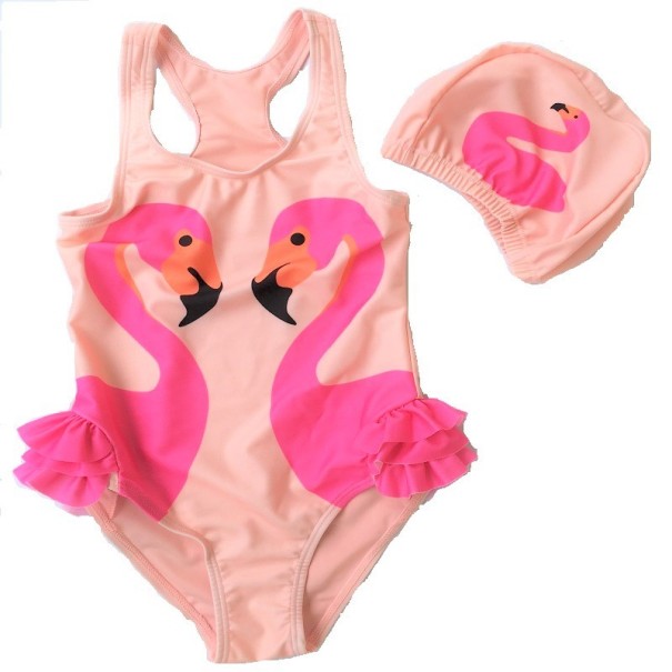 Costume de baie fete + Șepci de baie cu imprimeu păsări de apă J2491 roz 4